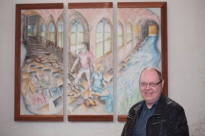 A mural inside the abbey.   This is probably the only photograph I have ever taken of a work of art and the artist in the same picture!  The painter is my colleague and tourguide,  Jan Vanmolkot.