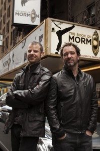 Stone and Parker in front of the Neil Simon Theater on Broadway