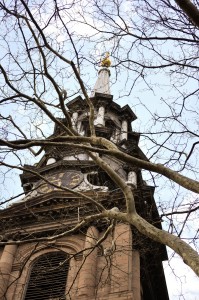 Steeple of Trinity Church near Ground Zero.   Many famous people are buried here,  including Andy Warhol,  Ayn Rand,  Robert Ludlum,  the guy who invented Muzak and Captain Kangaroo.