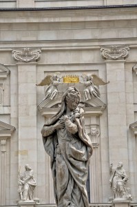This beautiful statue of Mary is part of a cool optical illusion.   The cherubs who seem to be crowning her are actually on the exterior of the church about 60 yards behind this statue.   You have to stand in the exact spot where this photo was taken to make it look like she's about to have the crown placed on her head.   Those tricksy sculptors!